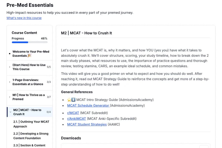 The Pre-Med Essentials course open to its MCAT module, with the course outline and progress bar beside the module guide and reference links