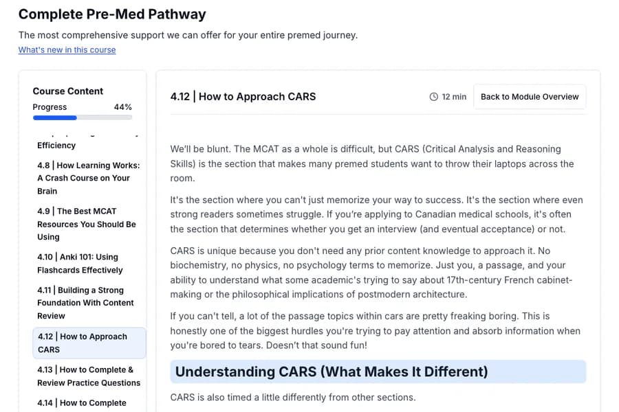A Premed Pathway lesson, How to Approach CARS, open in the course player beside the list of lessons in the MCAT module
