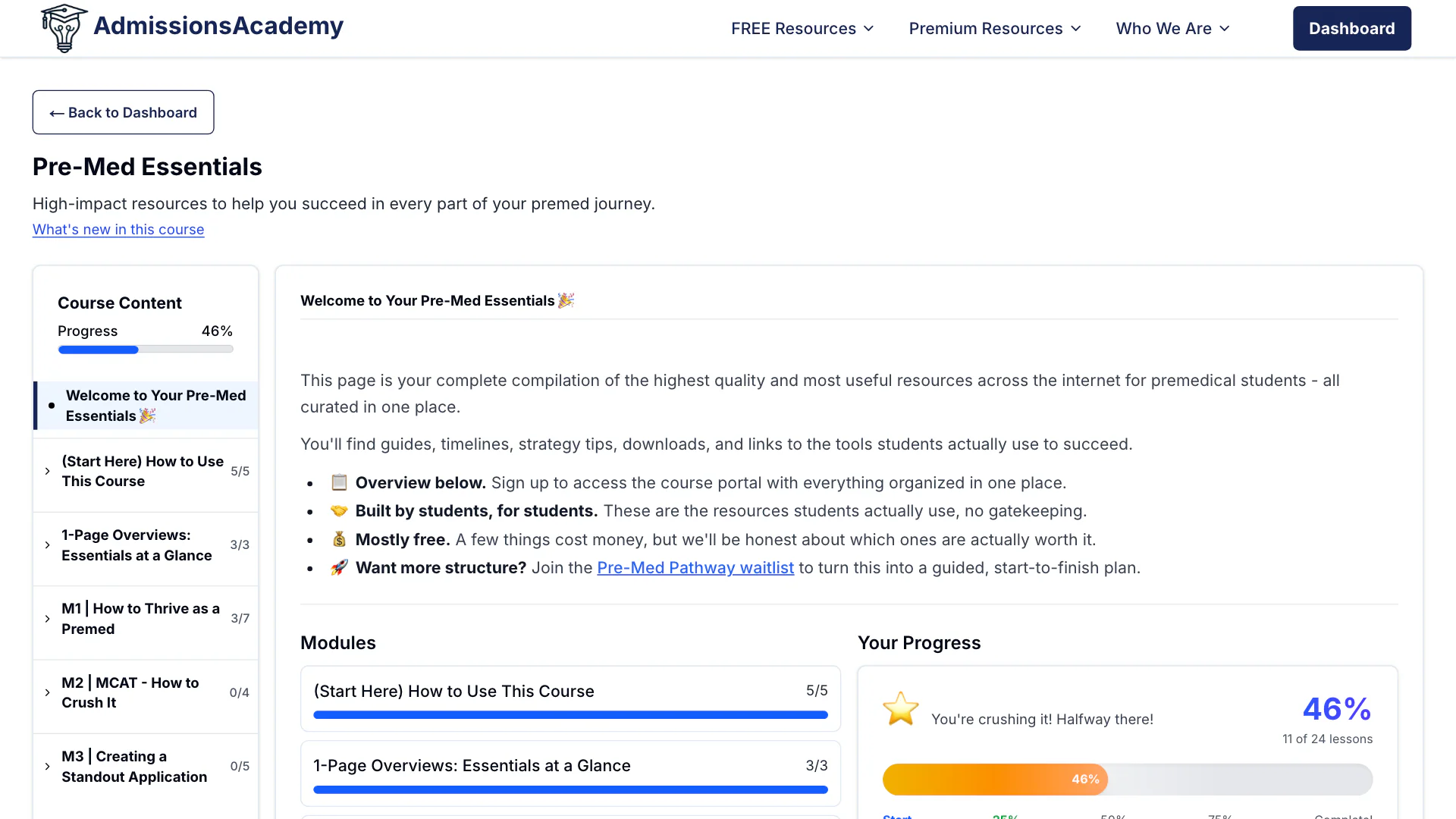 The Pre-Med Essentials course dashboard: the course outline with a progress bar on the left, and the welcome overview, module list and progress tracker on the right